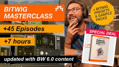 Promotional graphic for Bitwig Masterclass course with Mattias smiling. Producer Essentials Pack vol 1 pack and text about episodes, course playtime, and special Bitwig deals.