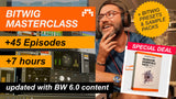 Promotional graphic for Bitwig Masterclass course with Mattias smiling. Producer Essentials Pack vol 1 pack and text about episodes, course playtime, and special Bitwig deals.
