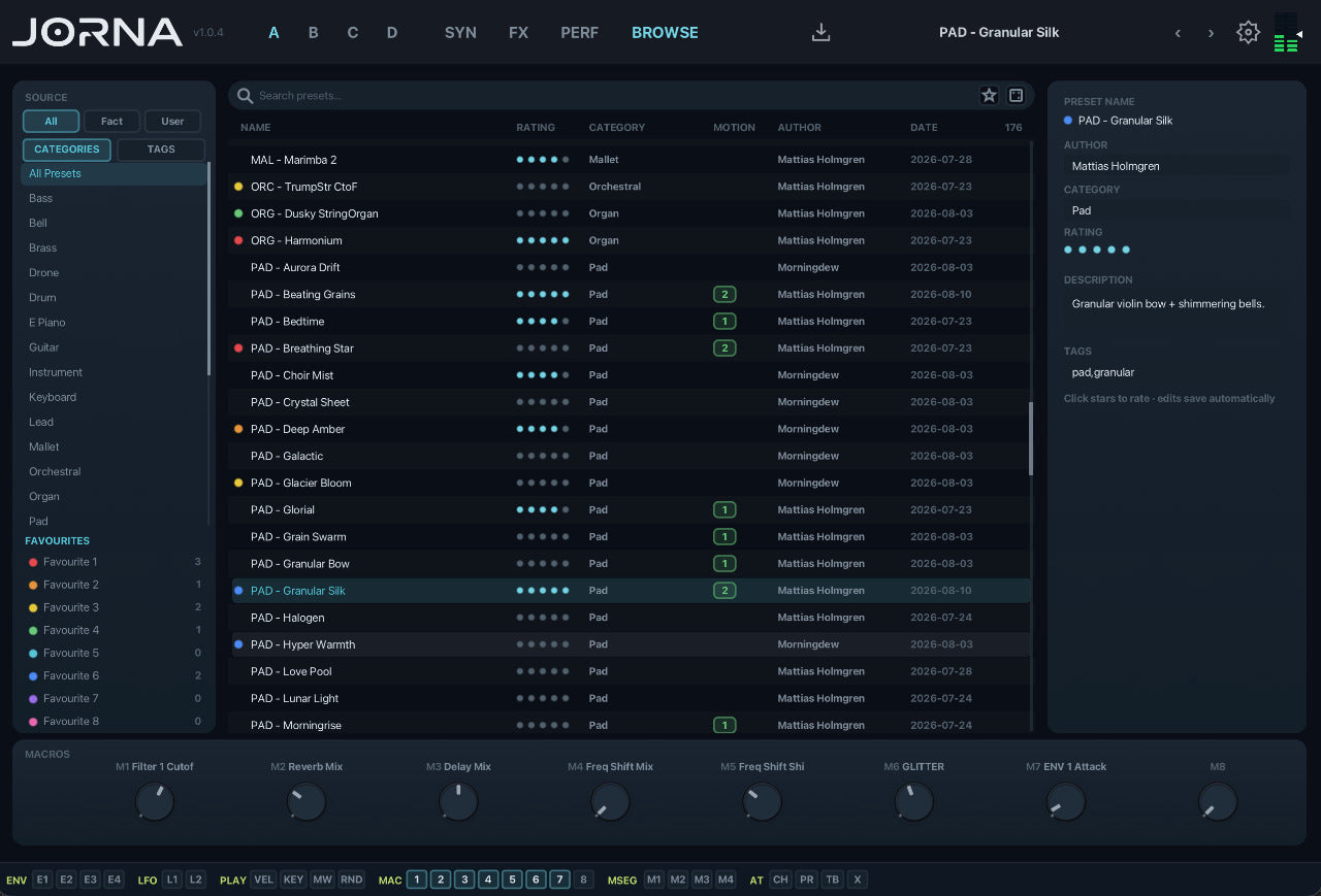 Jorna Preset Browser with favourites, ratings and accessible macro knobs while browsing presets.