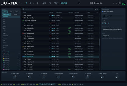 Jorna Preset Browser with favourites, ratings and accessible macro knobs while browsing presets.