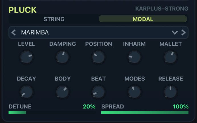 Physical Modeling via the PLUCK Sound Engine with String & Modal modes,