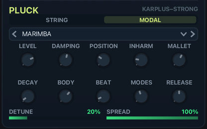 Physical Modeling via the PLUCK Sound Engine with String & Modal modes,